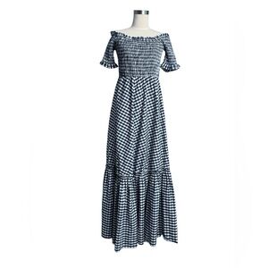 Anne Fernandes Smocked Navy Check Maxi Dress Medium